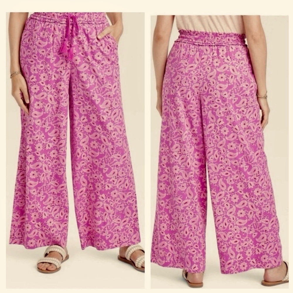 Knox Rose Wide Leg Pants Womens XL Pink Paisley Floral Tassel Drawstring NWT